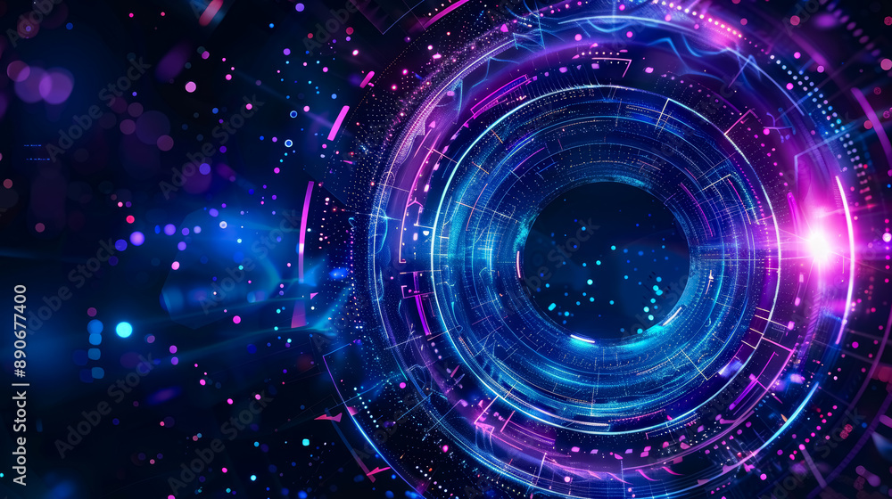 Airy digital blue and purple tech circle on dark background. Science, futuristic digital technologies concept. Airy digital blue and purple tech circle on dark background. Science, futuristic digital technologies concept.