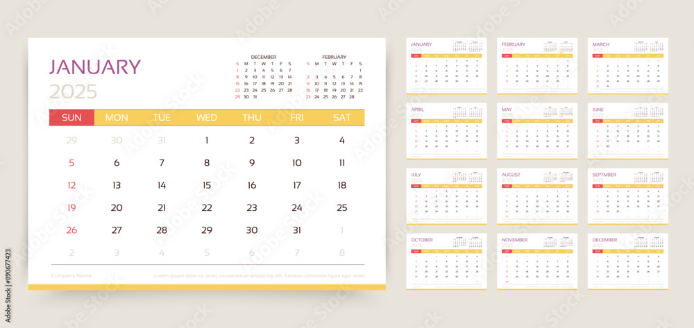 2025 calendar. Planner, calender template with 12 month. Week starts Sunday. Yearly organizer. Table schedule grid. Corporate monthly diary layout. Horizontal simple design. Vector illustration. 2025 calendar. Planner, calender template with 12 month. Week starts Sunday. Yearly organizer. Table schedule grid. Corporate monthly diary layout. Horizontal simple design. Vector illustration.