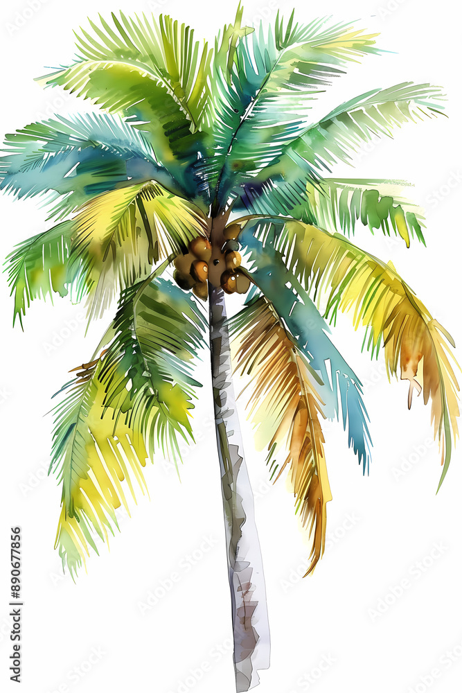 Fototapeta premium Tropical Coconut Palm Tree Art in Watercolor | White Background Sketch