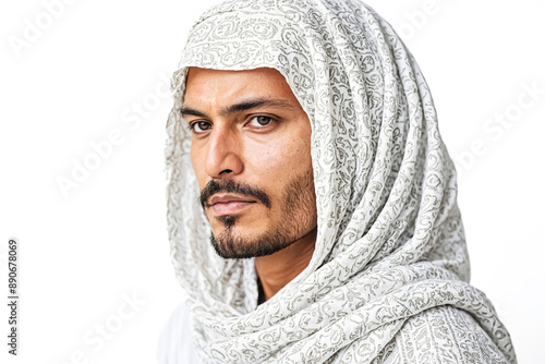 Portrait of a Young Man Wearing a White Headscarf