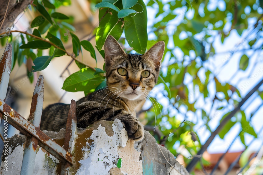 Curious tabby cat perched on a rustic wall under lush green leaves on a sunny day. Curious tabby cat perched on a rustic wall under lush green leaves on a sunny day.