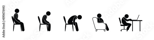 stick figure man icon, sitting people, sedentary lifestyle, vector set