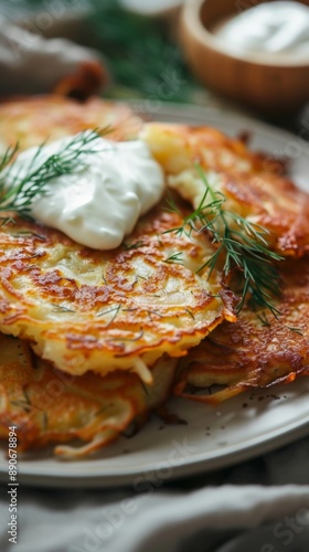  crispy Potato Pancakes (Drainiki), showcasing golden brown pancakes made from a grated potato and onion mixture, fried to perfection. photo