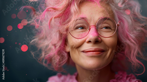 A cheerful elderly woman with pink hair and glasses, smiling gently.  She has pink powder on her face and a dreamy expression © Uncle Bob