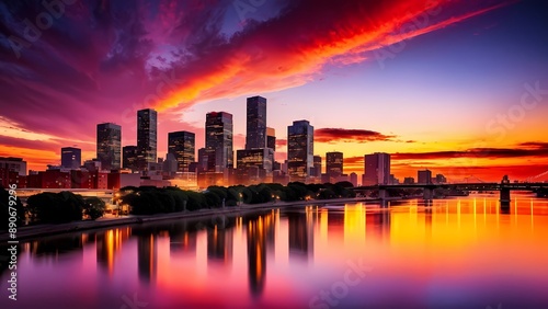 Aerial sunset cityscape or landscape glowing with warm orange, pink, and purple tones, beautiful urban skyline at golden hour.