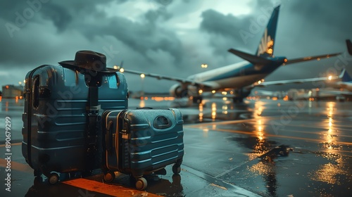 Two suitcases and a hat on an airport tarmac with an airplane in the background on a rainy day, capturing the essence of travel and adventure.