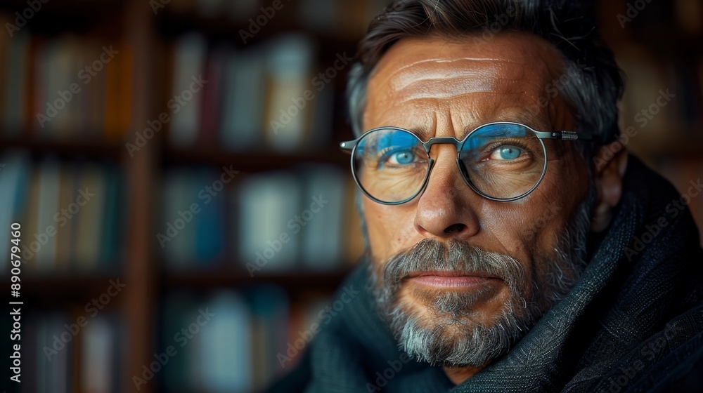 portrait of a rich 50 yo. man wearing luxury designer glasses, sleek titanium frames. the man looks wisdom and visionary. studio lighting, library background portrait of a rich 50 yo. man wearing luxury designer glasses, sleek titanium frames. the man looks wisdom and visionary. studio lighting, library background