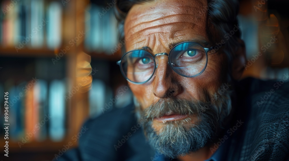portrait of a rich 50 yo. man wearing luxury designer glasses, sleek titanium frames. the man looks wisdom and visionary. studio lighting, library background portrait of a rich 50 yo. man wearing luxury designer glasses, sleek titanium frames. the man looks wisdom and visionary. studio lighting, library background