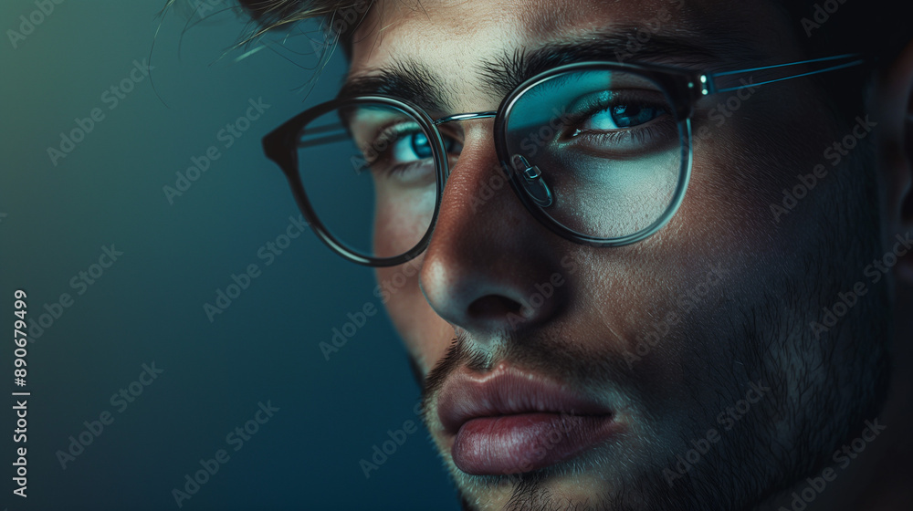 Close-Up of Thoughtful Young Man with Glasses Close-Up of Thoughtful Young Man with Glasses