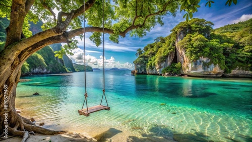 tranquil seaside swing overlooking turquoise waters, lush greenery, and majestic limestone cliffs of a tropical island paradise.