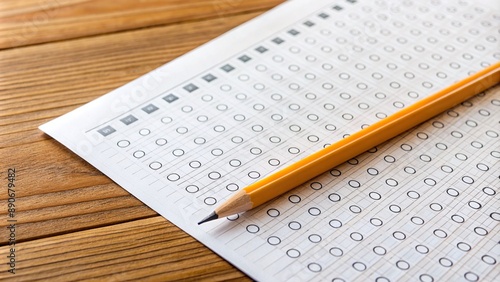 A neatly arranged, blank test form with a sharpened pencil lying horizontally across it, on a clean, clutter-free wooden desk surface.