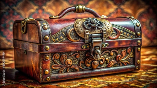 Exquisite velvet-lined jewelry box with intricate latch and ornate design sits atop a worn vintage leather travel trunk handle.