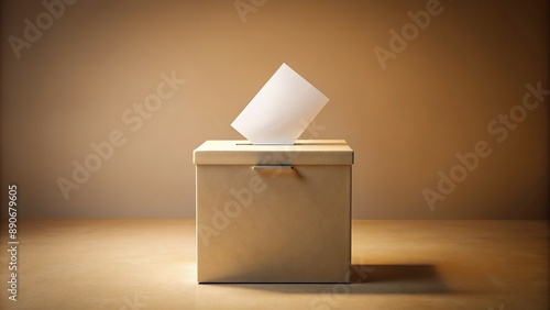 Empty ballot box with single ballot hovering above it, symbolizing individual empowerment and democratic voice on a neutral colored background.
