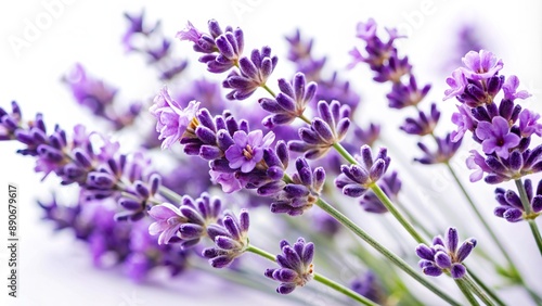 Delicate purple lavender blooms with intricate details and soft focus, isolated on a clean, crisp, and stark white background.
