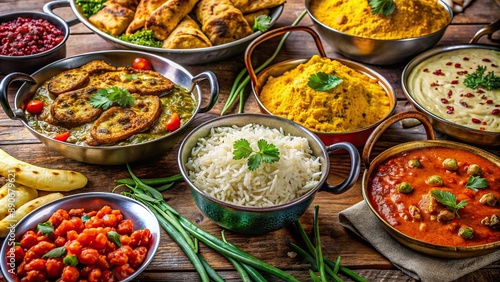 Vibrant colors of assorted Indian delicacies like basmati rice, naan bread, and rich curries arranged on a traditional ornate table.
