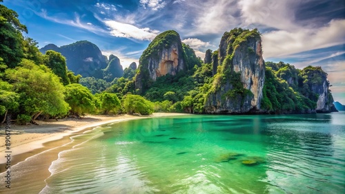 Serene turquoise waters lap against pristine white sand beach surrounded by lush green hills and majestic limestone cliffs in Krabi.