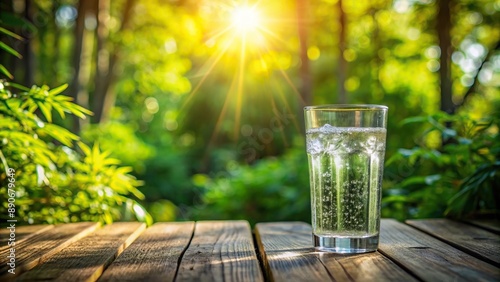 Fresh crystal clear glass filled with sparkling water on rustic wooden table amidst lush greenery and soft morning sunlight filtering.