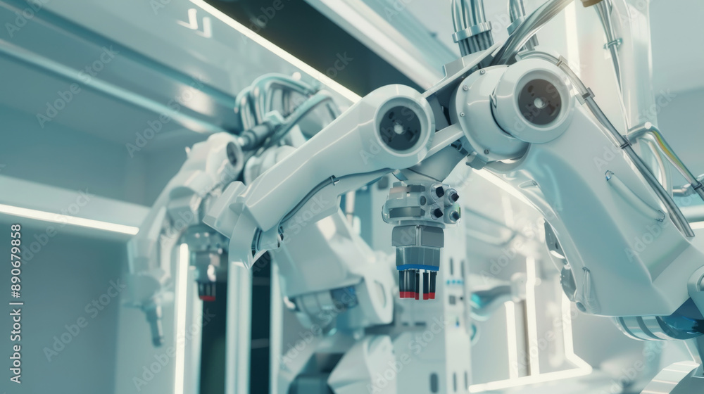 Advanced white robotic arms engaged in intricate tasks in a brightly lit, futuristic laboratory setting, highlighting cutting-edge technology. Advanced white robotic arms engaged in intricate tasks in a brightly lit, futuristic laboratory setting, highlighting cutting-edge technology.