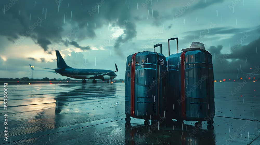 Suitcases on wet airport tarmac under rainy skies, with airplane in the background ready for departure. Moody travel scene. Suitcases on wet airport tarmac under rainy skies, with airplane in the background ready for departure. Moody travel scene.