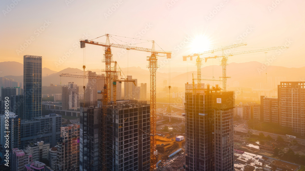 City skyline with cranes in the foreground, backlit by a spectacular sunrise, symbolizing growth and development. City skyline with cranes in the foreground, backlit by a spectacular sunrise, symbolizing growth and development.