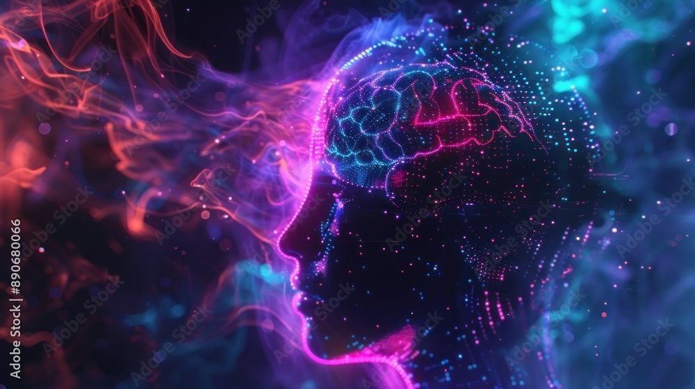 A virtual human brain with glowing red and blue colors on a cityscape background A virtual human brain with glowing red and blue colors on a cityscape background