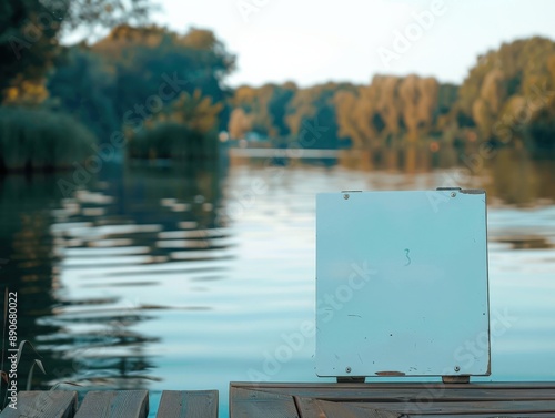 Empty whiteboard stands on a wooden pier by a serene lake