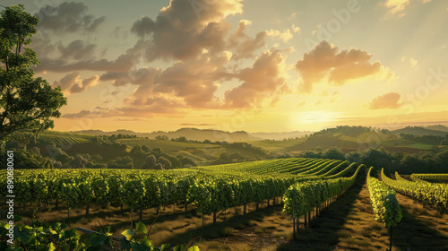Wallpaper Mural A serene vineyard landscape under a golden sunset, with rows of lush grapevines stretching into the horizon, surrounded by rolling hills and a tranquil sky. Torontodigital.ca