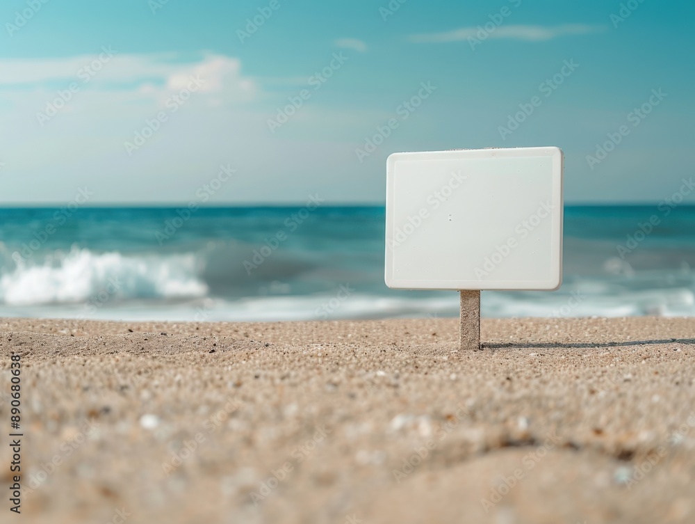 Naklejka premium Close-up of a blank sign on a serene beach with gentle waves