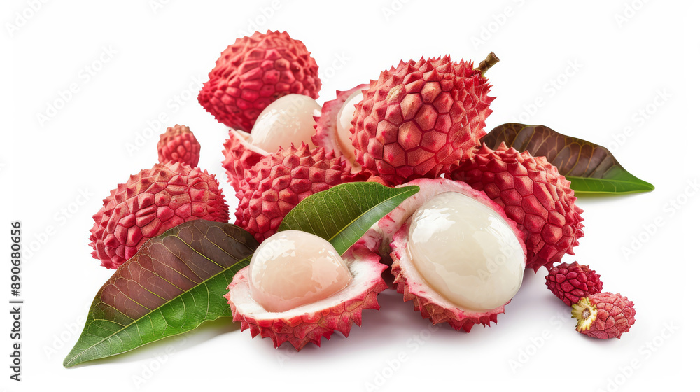 A close-up of freshly peeled lychees and their vibrant textured shells, resting alongside lush green leaves on a white background. A close-up of freshly peeled lychees and their vibrant textured shells, resting alongside lush green leaves on a white background.