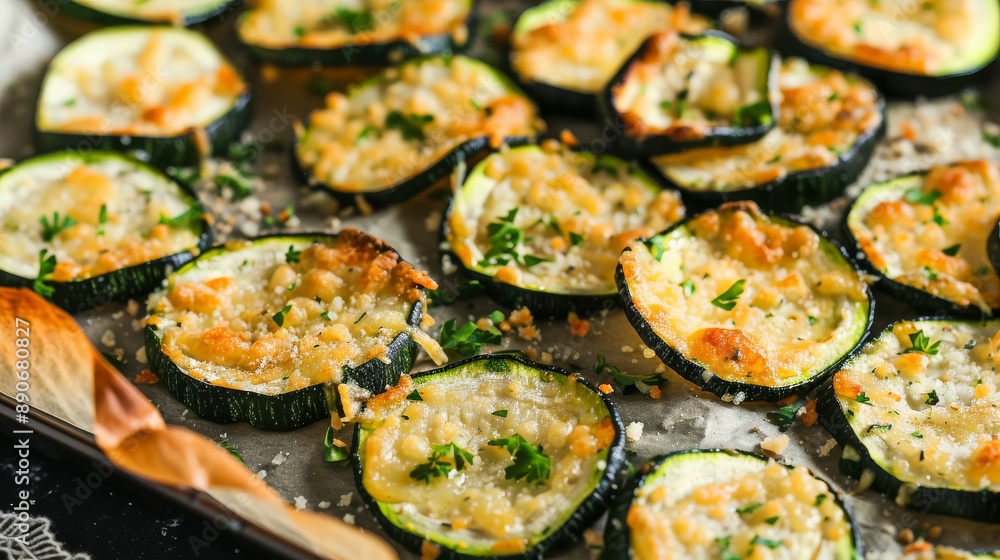 Perfectly roasted zucchini rounds on a baking tray are topped with herbs and cheese, ready to serve as a delicious and healthy snack. Perfectly roasted zucchini rounds on a baking tray are topped with herbs and cheese, ready to serve as a delicious and healthy snack.
