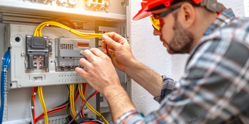 Fototapeta premium Electrician Working on Electrical Panel