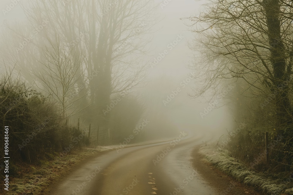 Fototapeta premium A foggy road with trees in the background. Road to somewhere concept