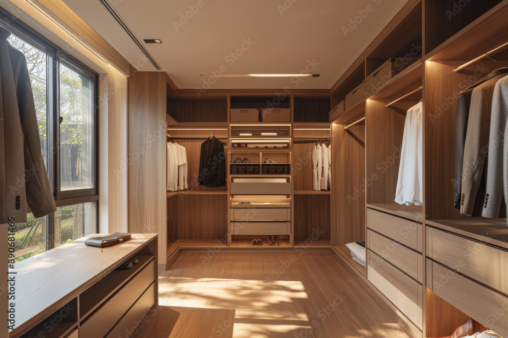 Luxurious warm wood walk in closet, modern minimal walk in wardrobe dressing room interior. Luxurious warm wood walk in closet, modern minimal walk in wardrobe dressing room interior.