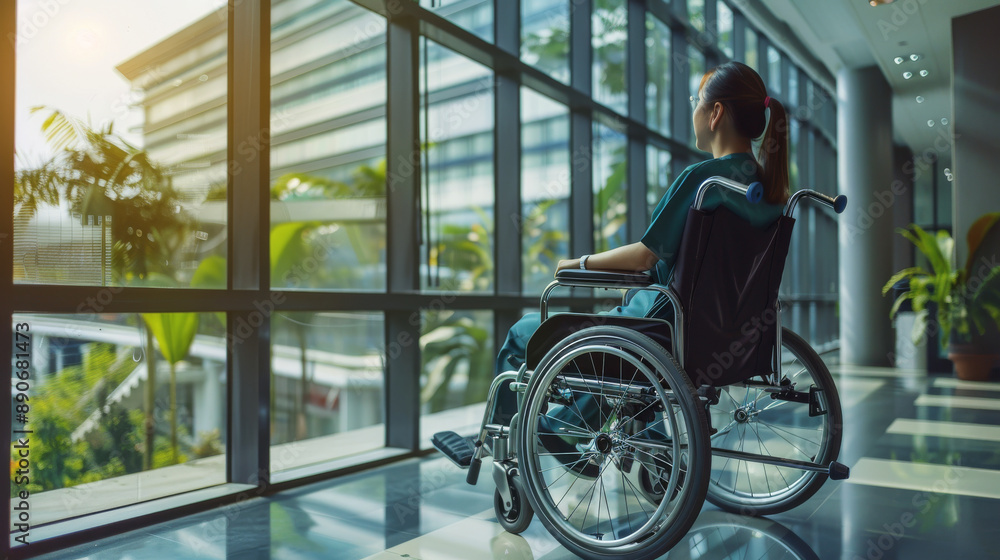 A woman in a wheelchair looks out at a lush garden through large glass windows in a tranquil, sunlit building. A woman in a wheelchair looks out at a lush garden through large glass windows in a tranquil, sunlit building.