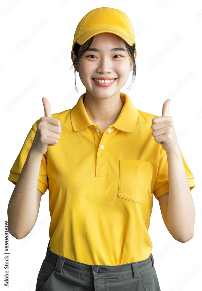 Young Asian woman in her 20s, smiling and giving a thumbs up, dressed in a yellow uniform and cap Young Asian woman in her 20s, smiling and giving a thumbs up, dressed in a yellow uniform and cap
