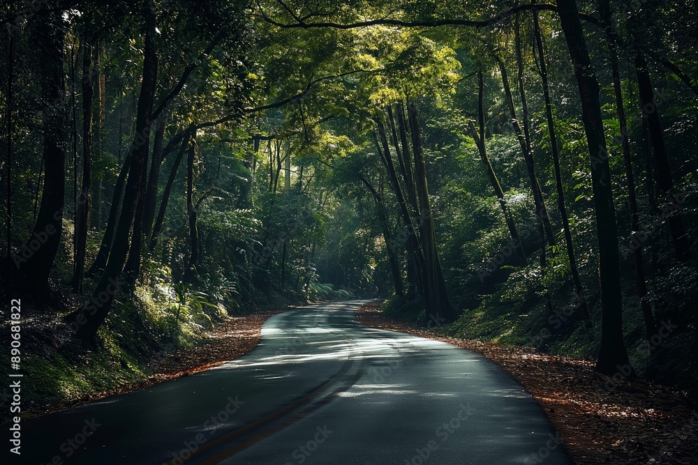 Obraz premium A road with trees on both sides and a path in the middle. Road to somewhere concept