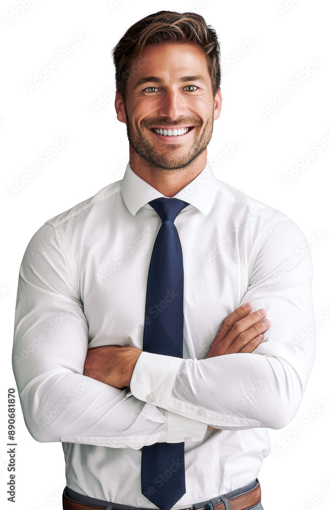 Attractive handsome man in his 30s, smiling confidently with arms crossed, wearing a white shirt and blue tie Attractive handsome man in his 30s, smiling confidently with arms crossed, wearing a white shirt and blue tie