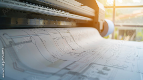 A large printer produces elaborate architectural blueprints, with soft sunlight filtering through a nearby window.
