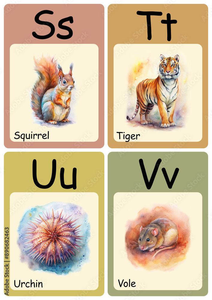 Obraz premium English alphabet with animals, English alphabet cards in pastel colors, watercolor animal letters