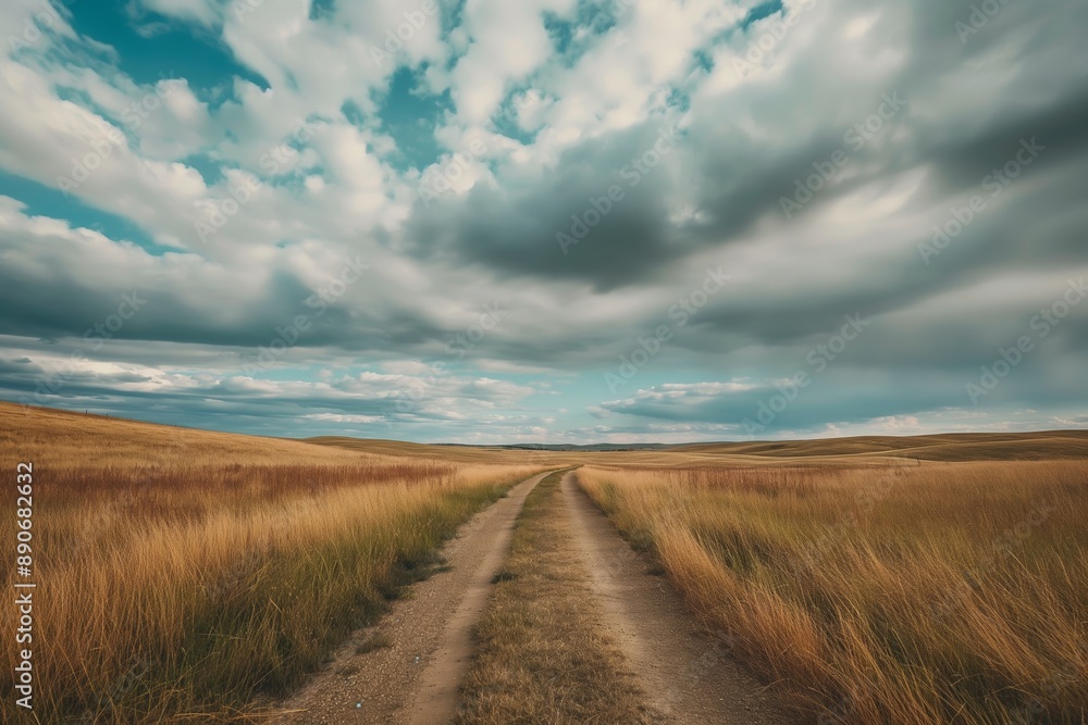A road cuts through a field of tall grass. Road to somewhere concept A road cuts through a field of tall grass. Road to somewhere concept