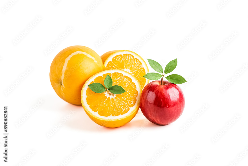 Juicy Oranges and a Red Apple Isolated on White Juicy Oranges and a Red Apple Isolated on White