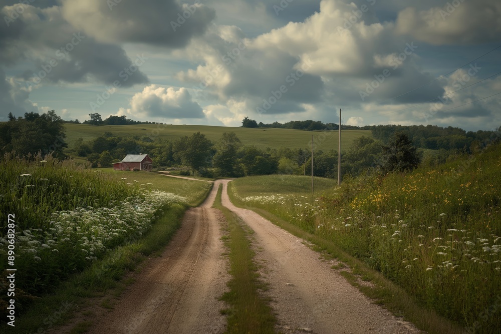 Fototapeta premium A dirt road with a red barn in the distance. Road to somewhere concept