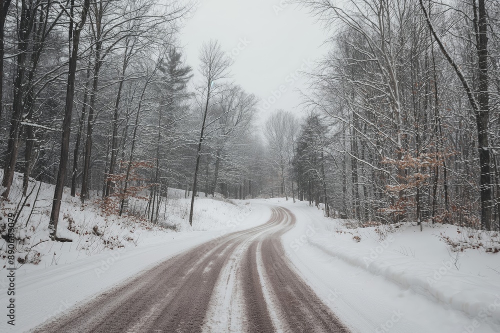 Obraz premium A snowy road with a few trees in the background. Road to somewhere concept