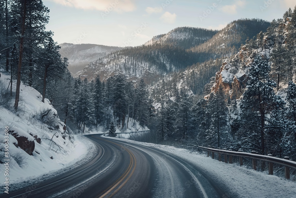 A snowy mountain road with trees lining the sides. Road to somewhere concept