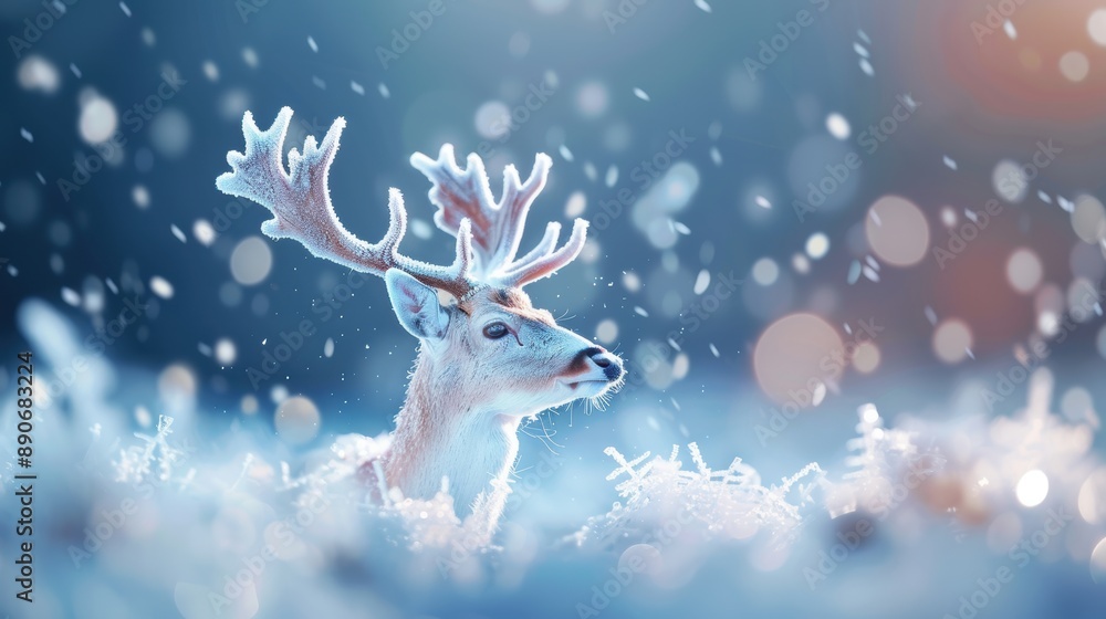 A graceful deer frozen mid run, its antlers adorned with frost, appearing as a mythical creature of the frozen landscape. A graceful deer frozen mid run, its antlers adorned with frost, appearing as a mythical creature of the frozen landscape.