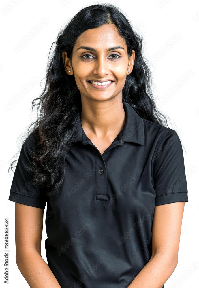 Indian woman in her 30s, smiling warmly and appearing friendly, wearing a black shirt uniform Indian woman in her 30s, smiling warmly and appearing friendly, wearing a black shirt uniform