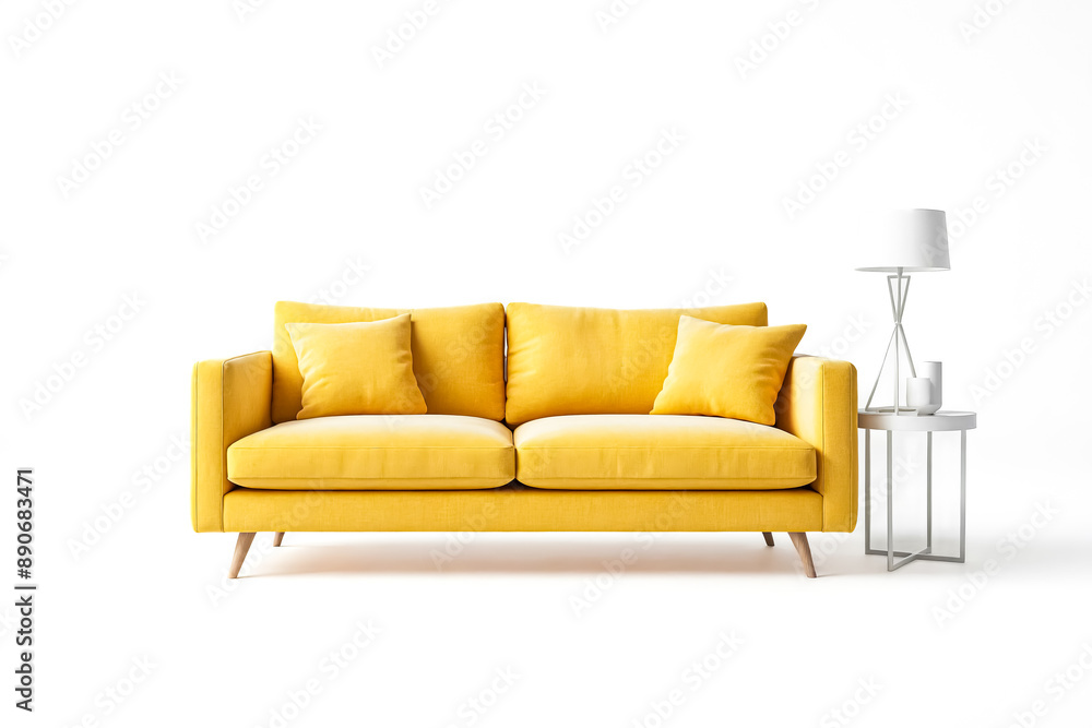 Yellow Sofa with Wooden Legs and White Side Table with Lamp Yellow Sofa with Wooden Legs and White Side Table with Lamp