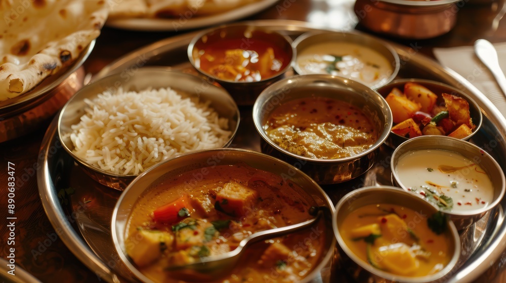 A traditional Indian thali with multiple dishes A traditional Indian thali with multiple dishes