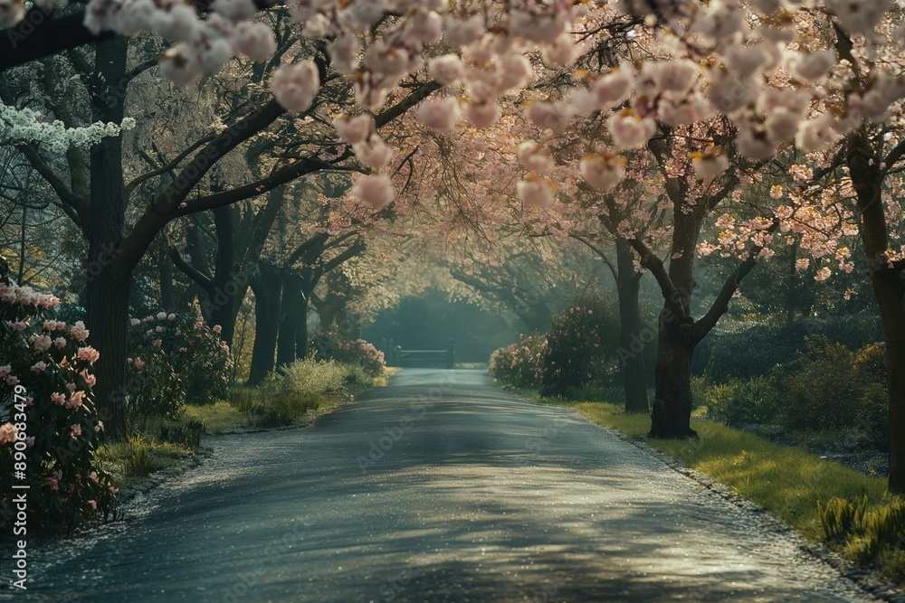 A road with trees on either side and a path in the middle. Road to somewhere concept A road with trees on either side and a path in the middle. Road to somewhere concept