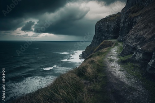 A rocky cliff overlooks the ocean with a storm brewing in the distance. Road to somewhere concept